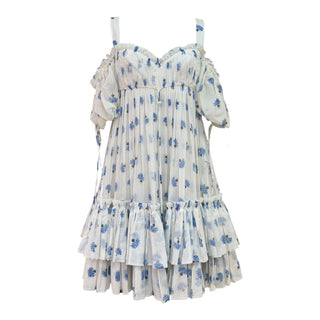 Alexander McQueen White & Blue Floral Print Ruffled Silk Dress Size 38