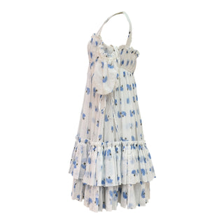 Alexander McQueen White & Blue Floral Print Ruffled Silk Dress Size 38