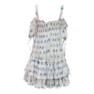 Alexander McQueen White & Blue Floral Print Ruffled Silk Dress Size 38