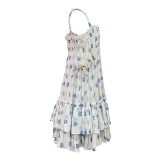 Alexander McQueen White & Blue Floral Print Ruffled Silk Dress Size 38