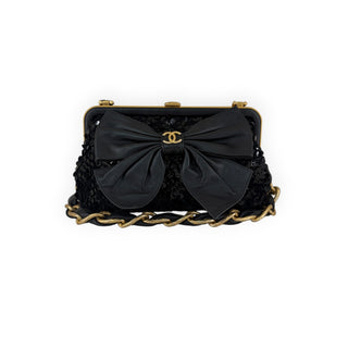 Chanel Black Sequin Lambskin Leather Bow CC Logo Chain Clutch Bag