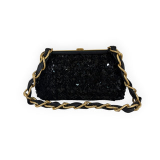Chanel Black Sequin Lambskin Leather Bow CC Logo Chain Clutch Bag
