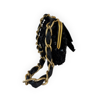 Chanel Black Sequin Lambskin Leather Bow CC Logo Chain Clutch Bag