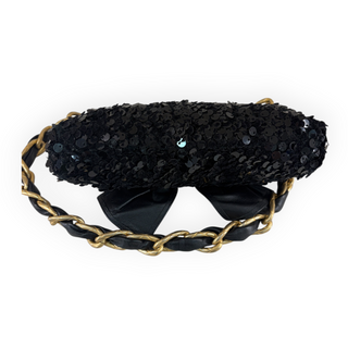 Chanel Black Sequin Lambskin Leather Bow CC Logo Chain Clutch Bag