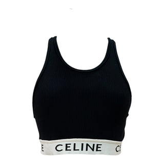 Celine Black Ribbed Knit Crop Top with Logo Band