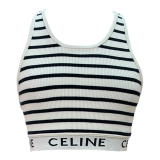 Celine White & Black Striped Knit Crop Top with Logo Band