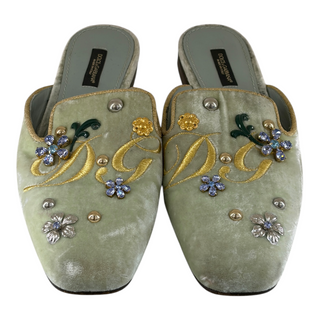 Dolce & Gabbana Green Velvet Embellished Floral Mule Slippers Size 37