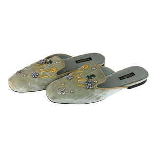 Dolce & Gabbana Green Velvet Embellished Floral Mule Slippers Size 37