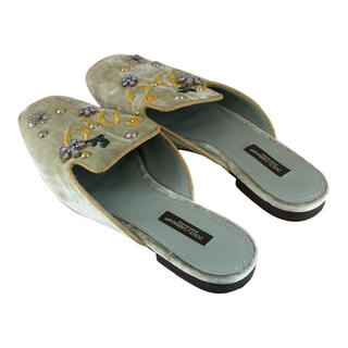Dolce & Gabbana Green Velvet Embellished Floral Mule Slippers Size 37