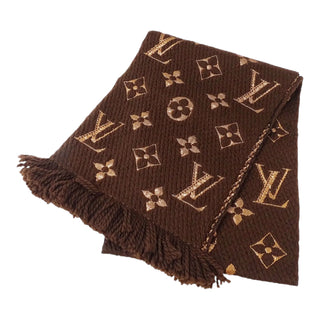 Louis Vuitton Brown & Beige Monogram Fringe Wool Silk Scarf