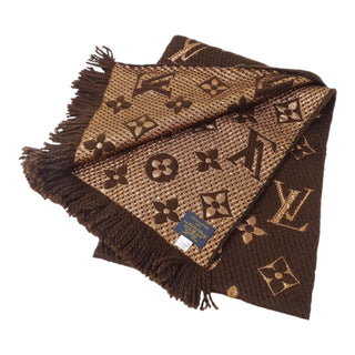 Louis Vuitton Brown & Beige Monogram Fringe Wool Silk Scarf