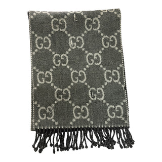 Gucci Black Grey GG Monogram Wool Blend Fringe Scarf 34 x 194 cm