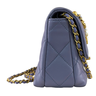 Chanel Purple Quilted Lambskin Pearl Logo Charm Mini Flap Bag