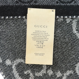 Gucci Black Grey GG Monogram Wool Blend Fringe Scarf 34 x 194 cm