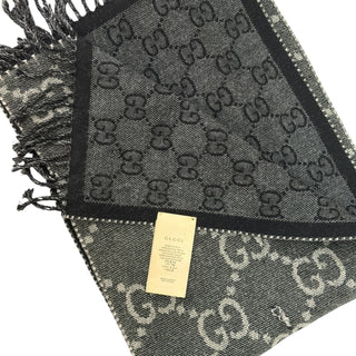 Gucci Black Grey GG Monogram Wool Blend Fringe Scarf 34 x 194 cm
