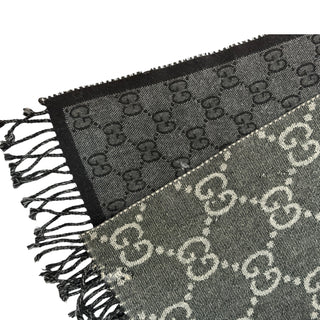 Gucci Black Grey GG Monogram Wool Blend Fringe Scarf 34 x 194 cm