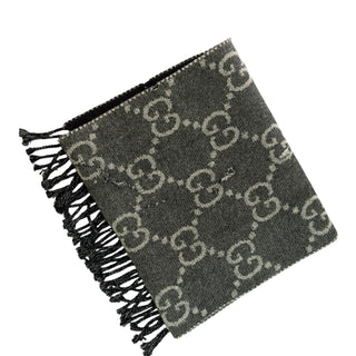 Gucci Black Grey GG Monogram Wool Blend Fringe Scarf 34 x 194 cm