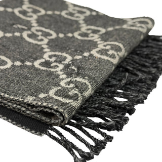 Gucci Black Grey GG Monogram Wool Blend Fringe Scarf 34 x 194 cm