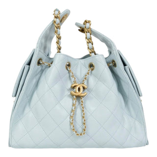 Chanel 25 Small Light Blue Quilted Caviar Leather Drawstring Bag Aged Gold Hardware 2025