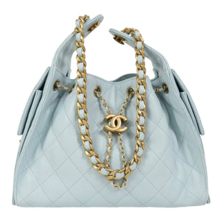 Chanel 25 Small Light Blue Quilted Caviar Leather Drawstring Bag Aged Gold Hardware 2025