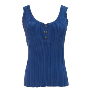 Chanel Cobalt Blue Ribbed Sleeveless Knit Top With CC Buttons IT 40