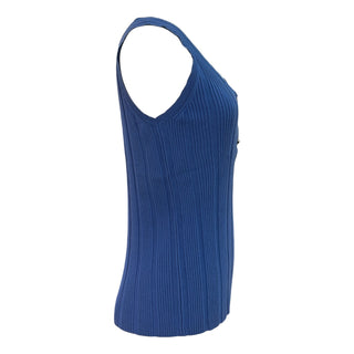 Chanel Cobalt Blue Ribbed Sleeveless Knit Top With CC Buttons IT 40