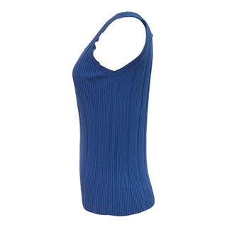 Chanel Cobalt Blue Ribbed Sleeveless Knit Top With CC Buttons IT 40