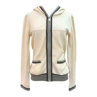 Chanel Ivory Cashmere Hooded Zip-Up Cardigan With Striped Trim FR 38