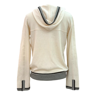 Chanel Ivory Cashmere Hooded Zip-Up Cardigan With Striped Trim FR 38