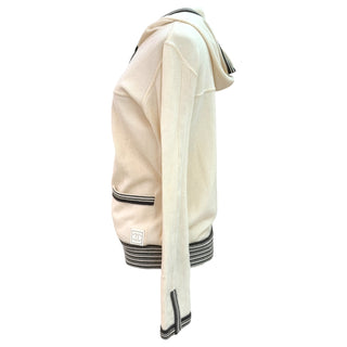 Chanel Ivory Cashmere Hooded Zip-Up Cardigan With Striped Trim FR 38