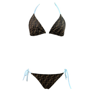 Fendi Reversible FF Logo Jacquard Triangle Bikini Set Brown Black Sky Blue IT 42