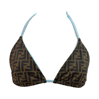 Fendi Reversible FF Logo Jacquard Triangle Bikini Set Brown Black Sky Blue IT 42
