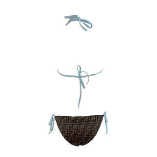 Fendi Reversible FF Logo Jacquard Triangle Bikini Set Brown Black Sky Blue IT 42