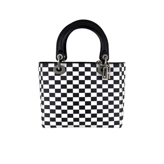 Christian Dior Black & White Checkered Calfskin Medium Lady Dior Bag