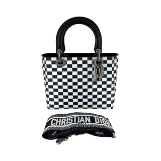 Christian Dior Black & White Checkered Calfskin Medium Lady Dior Bag