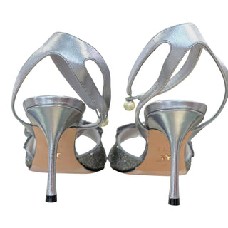 Christian Dior Silver Crystal Bow Pearl Ankle-Strap Heeled Sandals