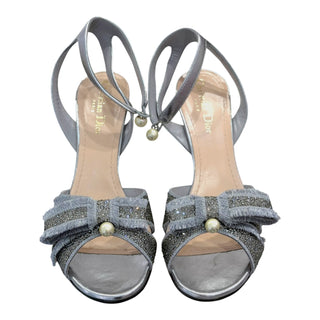 Christian Dior Silver Crystal Bow Pearl Ankle-Strap Heeled Sandals