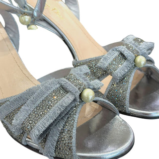 Christian Dior Silver Crystal Bow Pearl Ankle-Strap Heeled Sandals