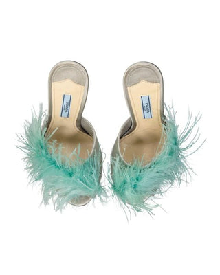 Prada Feather-Trimmed Satin Mules