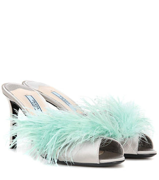 Prada Feather-Trimmed Satin Mules