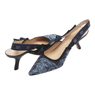 Christian Dior Blue Toile de Jouy Bow Slingback Pointed-Toe Pumps
