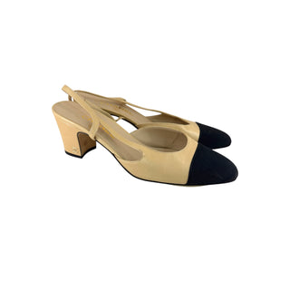 Chanel Beige Leather & Black Grosgrain Cap-Toe Slingback Pumps