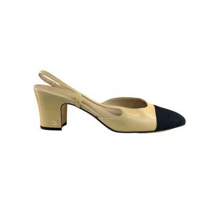 Chanel Beige Leather & Black Grosgrain Cap-Toe Slingback Pumps