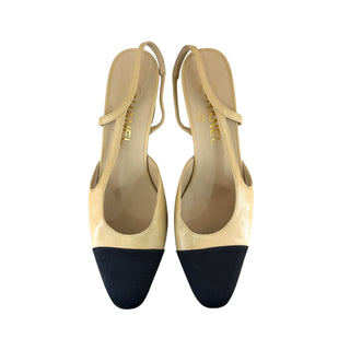Chanel Beige Leather & Black Grosgrain Cap-Toe Slingback Pumps