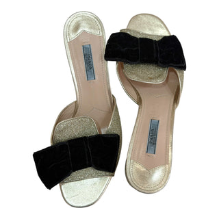 Prada Special Edition Gold Metallic Leather Black Velvet Bow Mule Sandals Heels