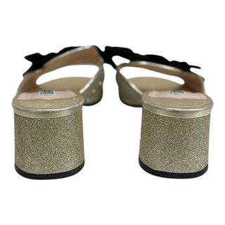 Prada Special Edition Gold Metallic Leather Black Velvet Bow Mule Sandals Heels