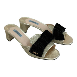 Prada Special Edition Gold Metallic Leather Black Velvet Bow Mule Sandals Heels
