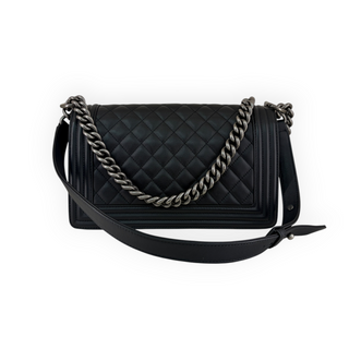 Chanel Black Quilted Lambskin Leather Boy Old Medium Bag Ruthenium Hardware