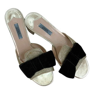 Prada Special Edition Gold Metallic Leather Black Velvet Bow Mule Sandals Heels