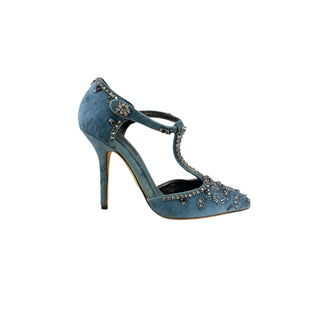 Dolce & Gabbana Blue Velvet Crystal Embellished T-Strap Pumps